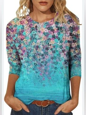 Floral Turquoise & Pink Multicolored Women's Pullover Top